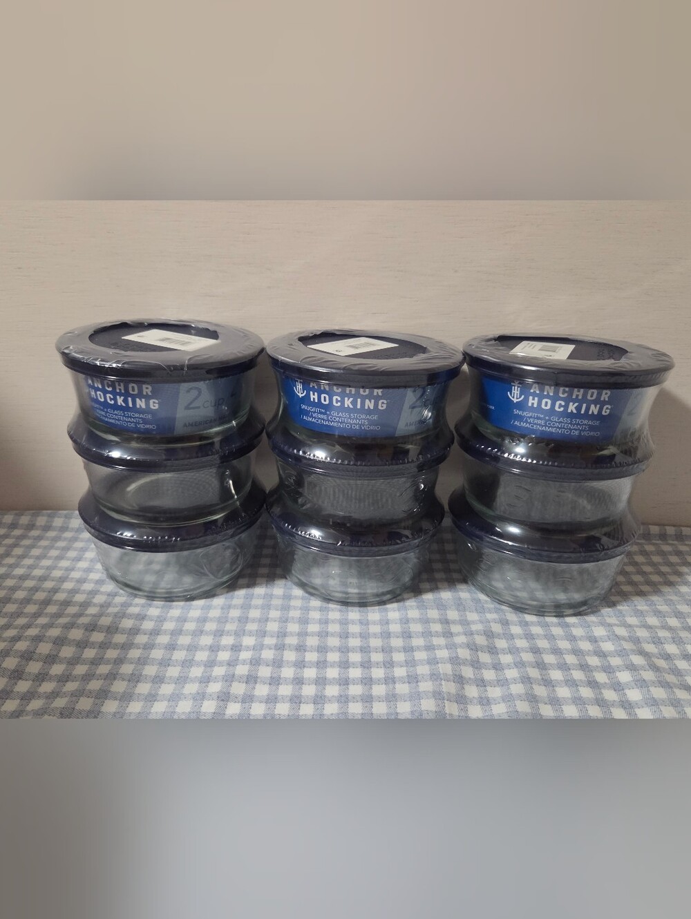 Anchor Hocking Glass Round Storage Bowls with Blue Lids 3 Sets Of 3/ Set of 6